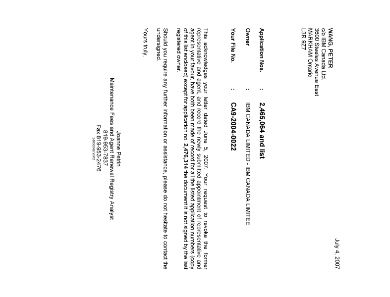 Document de brevet canadien 2524527. Correspondance 20070704. Image 1 de 1