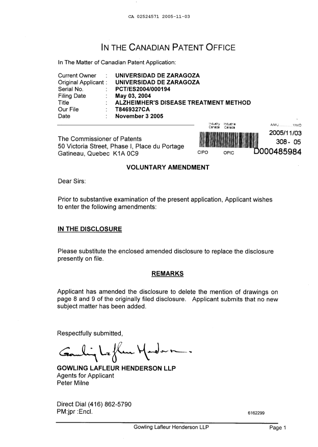 Canadian Patent Document 2524571. Prosecution-Amendment 20051103. Image 1 of 20