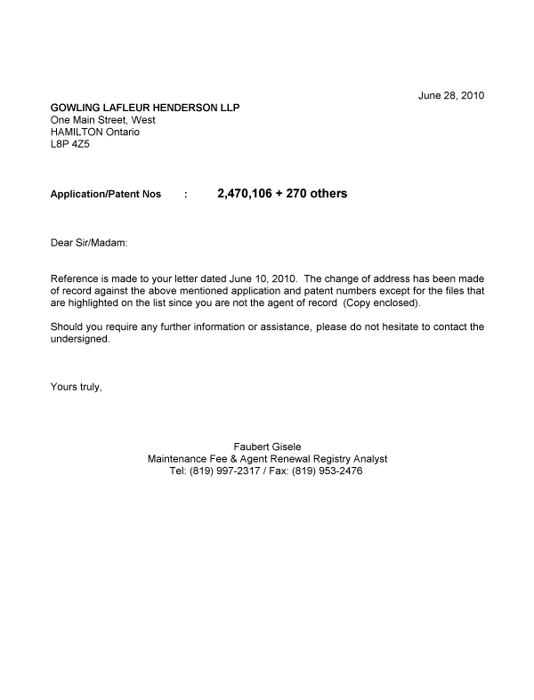 Canadian Patent Document 2524571. Correspondence 20100628. Image 1 of 1