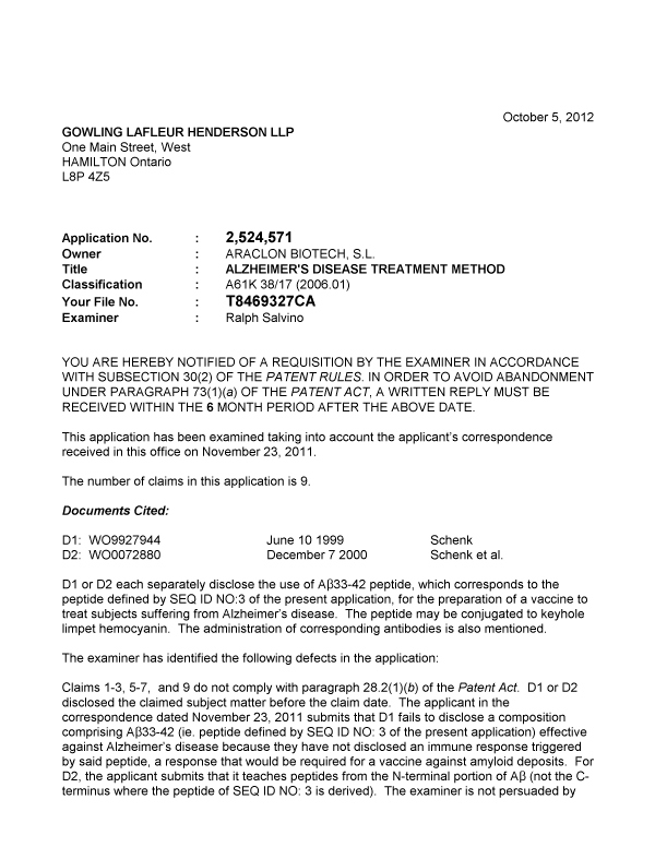 Canadian Patent Document 2524571. Prosecution-Amendment 20121005. Image 1 of 3