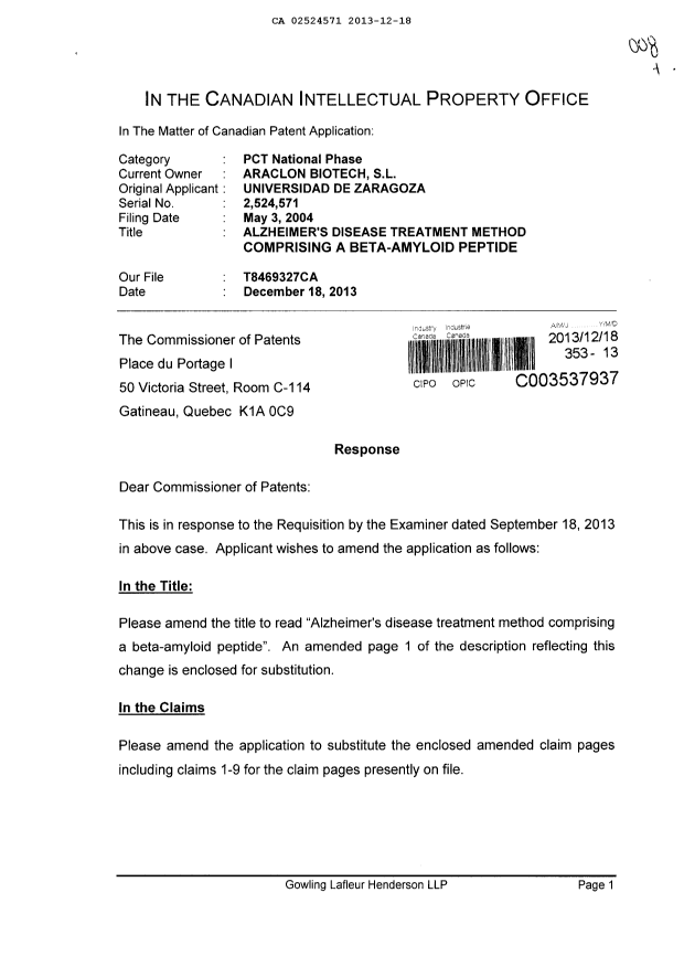 Canadian Patent Document 2524571. Prosecution-Amendment 20131218. Image 1 of 9