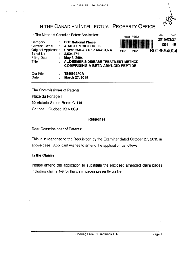 Canadian Patent Document 2524571. Prosecution-Amendment 20150327. Image 1 of 12
