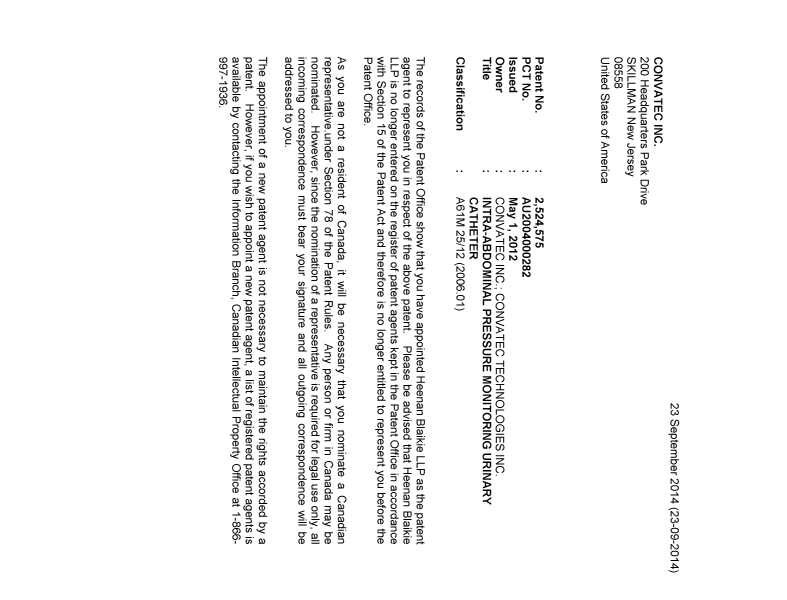 Document de brevet canadien 2524575. Correspondance 20140923. Image 1 de 2