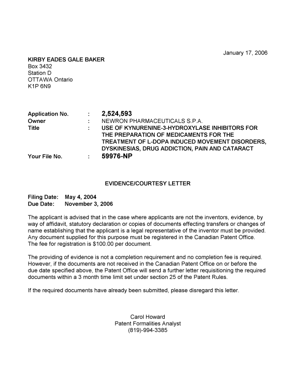 Canadian Patent Document 2524593. Correspondence 20060110. Image 1 of 1