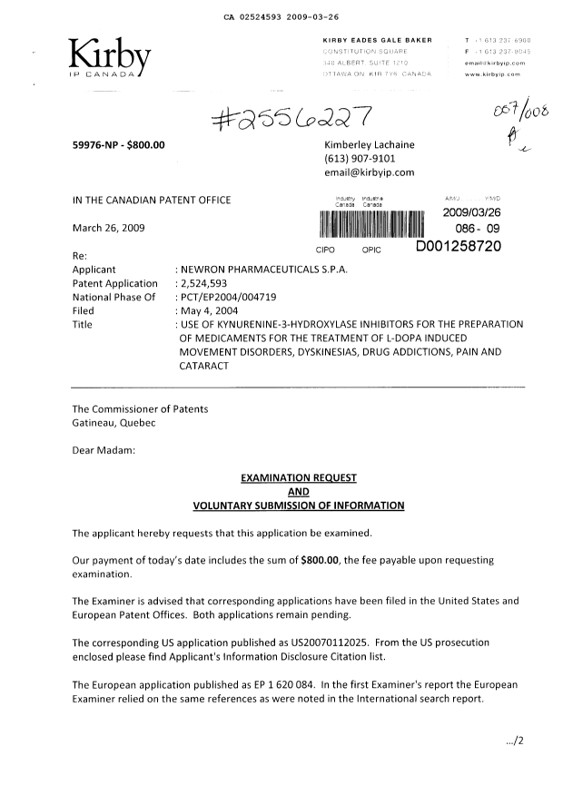 Canadian Patent Document 2524593. Prosecution-Amendment 20090326. Image 1 of 2