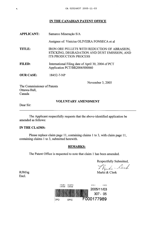 Canadian Patent Document 2524637. Prosecution-Amendment 20051103. Image 1 of 2