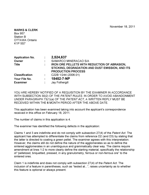 Canadian Patent Document 2524637. Prosecution-Amendment 20111118. Image 1 of 2