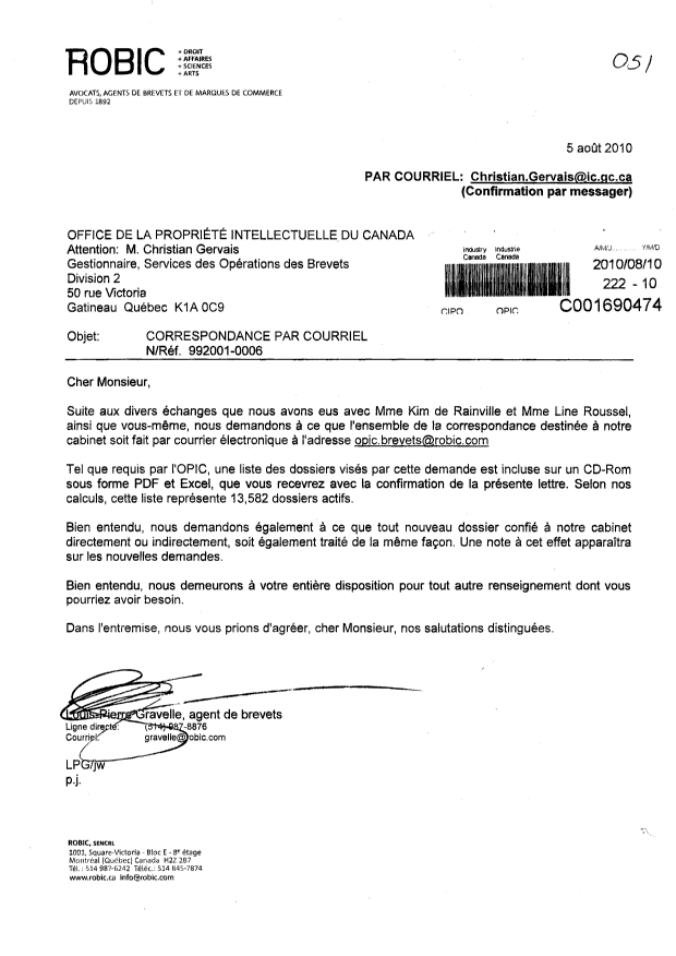 Document de brevet canadien 2524714. Correspondance 20100810. Image 1 de 1
