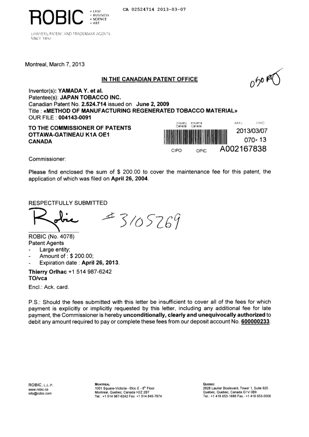 Document de brevet canadien 2524714. Taxes 20130307. Image 1 de 1