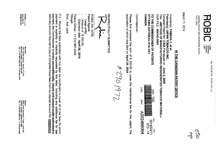 Canadian Patent Document 2524714. Fees 20140311. Image 1 of 1