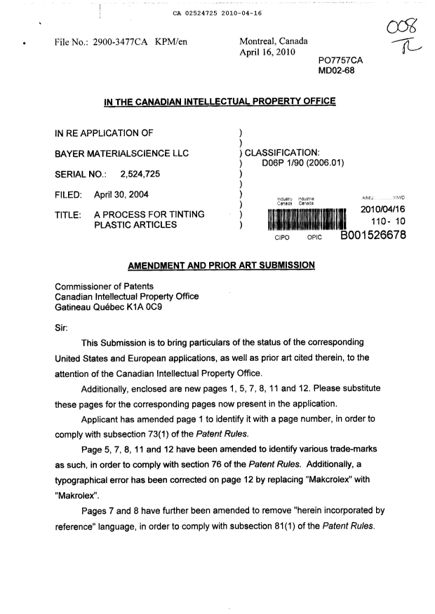 Canadian Patent Document 2524725. Prosecution-Amendment 20100416. Image 1 of 9