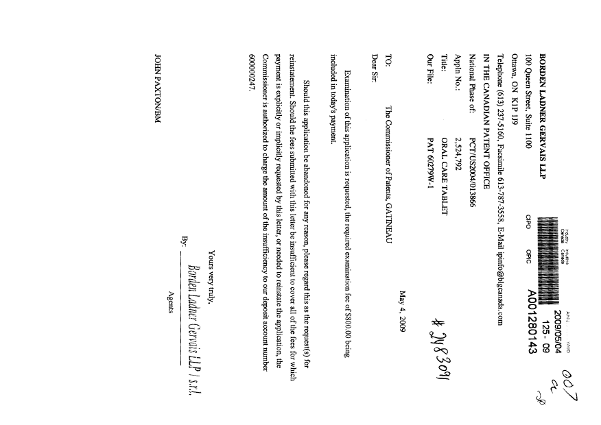 Canadian Patent Document 2524792. Prosecution-Amendment 20090504. Image 1 of 1