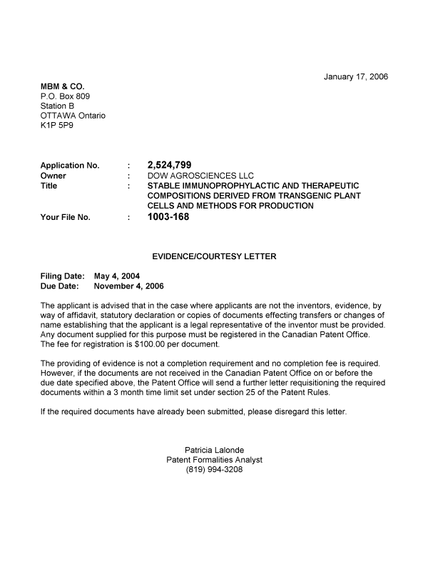 Canadian Patent Document 2524799. Correspondence 20060112. Image 1 of 1