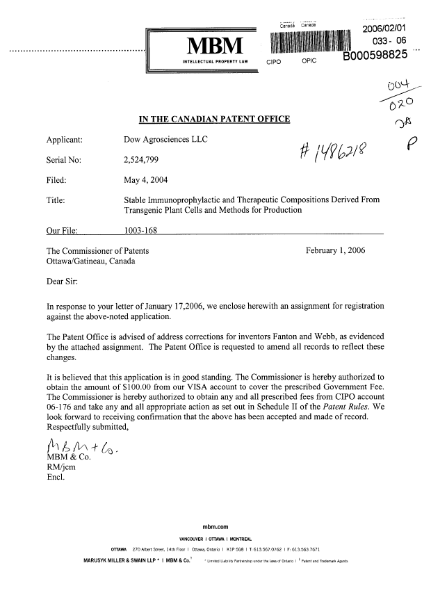 Canadian Patent Document 2524799. Correspondence 20060201. Image 1 of 1