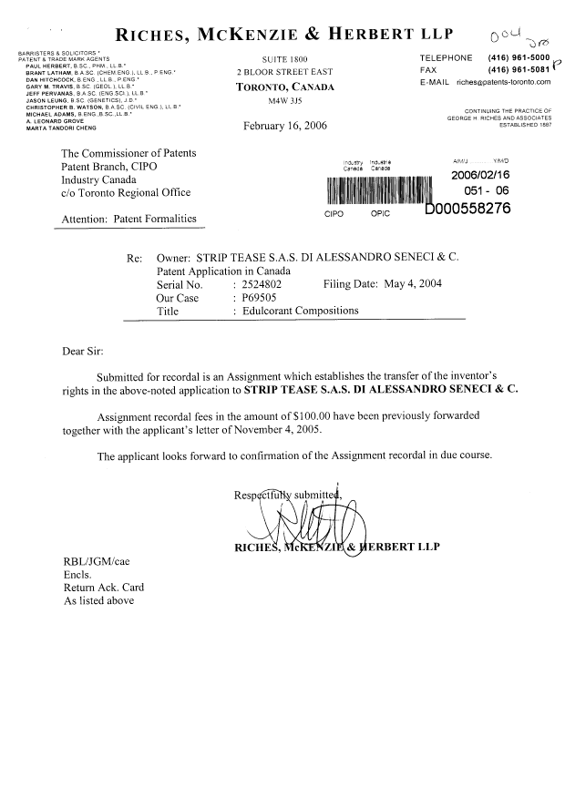 Canadian Patent Document 2524802. Correspondence 20060216. Image 1 of 2