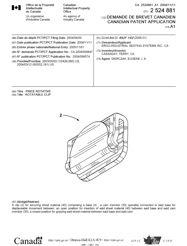 Canadian Patent Document 2524881. Cover Page 20060214. Image 1 of 1