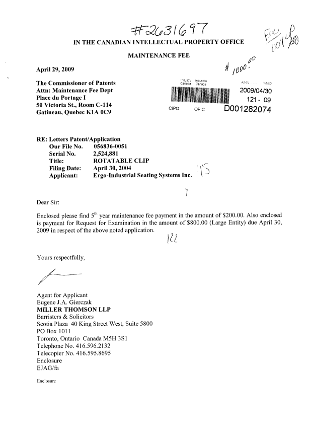 Canadian Patent Document 2524881. Fees 20090430. Image 1 of 1