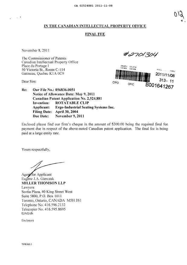 Canadian Patent Document 2524881. Correspondence 20111108. Image 1 of 1