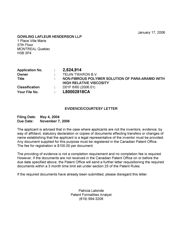 Canadian Patent Document 2524914. Correspondence 20060113. Image 1 of 1