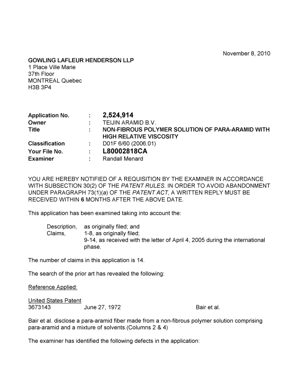Canadian Patent Document 2524914. Prosecution-Amendment 20101108. Image 1 of 2