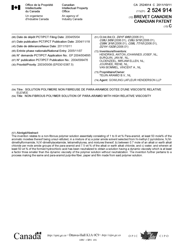 Canadian Patent Document 2524914. Cover Page 20110912. Image 1 of 1