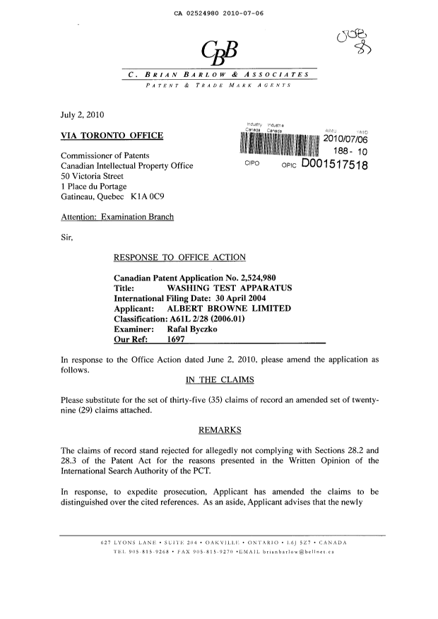 Canadian Patent Document 2524980. Prosecution-Amendment 20100706. Image 1 of 11