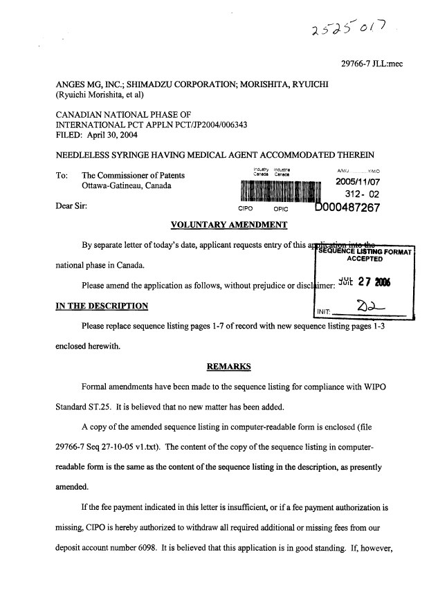 Canadian Patent Document 2525017. Prosecution-Amendment 20051107. Image 1 of 5