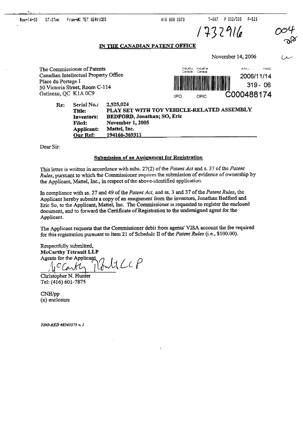 Document de brevet canadien 2525024. Cession 20061114. Image 1 de 5