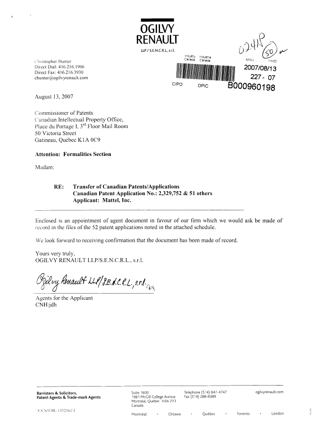 Document de brevet canadien 2525024. Correspondance 20070813. Image 1 de 8