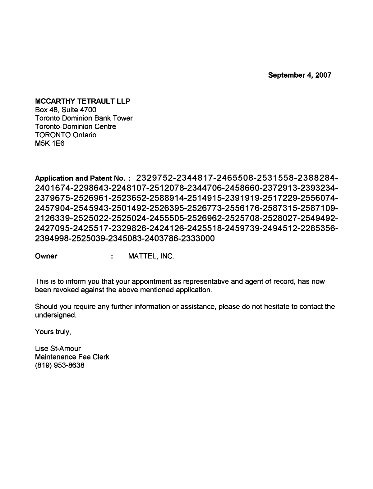 Document de brevet canadien 2525024. Correspondance 20070904. Image 1 de 1