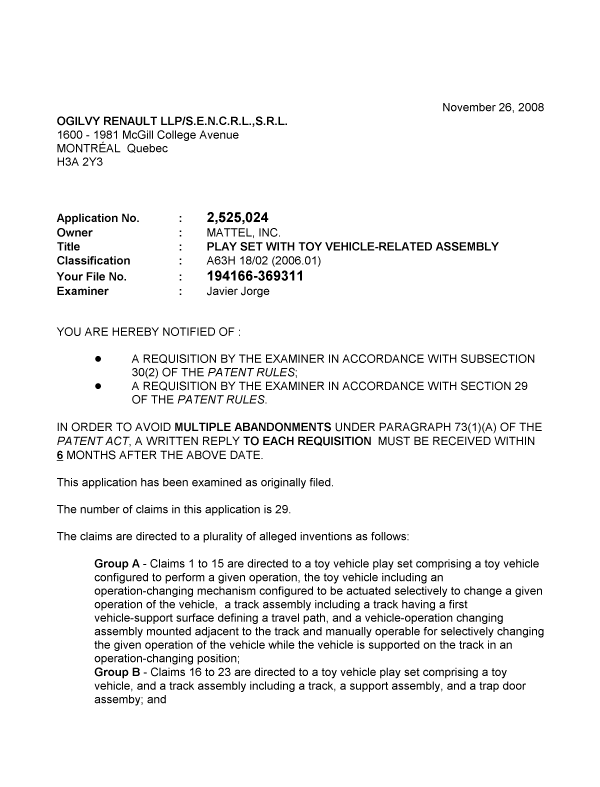 Canadian Patent Document 2525024. Prosecution-Amendment 20081126. Image 1 of 3