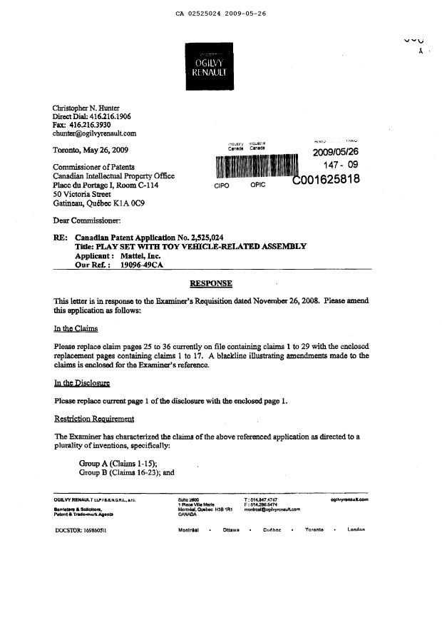 Canadian Patent Document 2525024. Prosecution-Amendment 20090526. Image 1 of 21