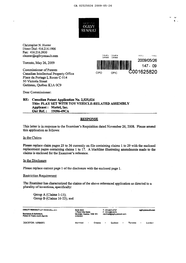 Document de brevet canadien 2525024. Poursuite-Amendment 20090526. Image 1 de 5