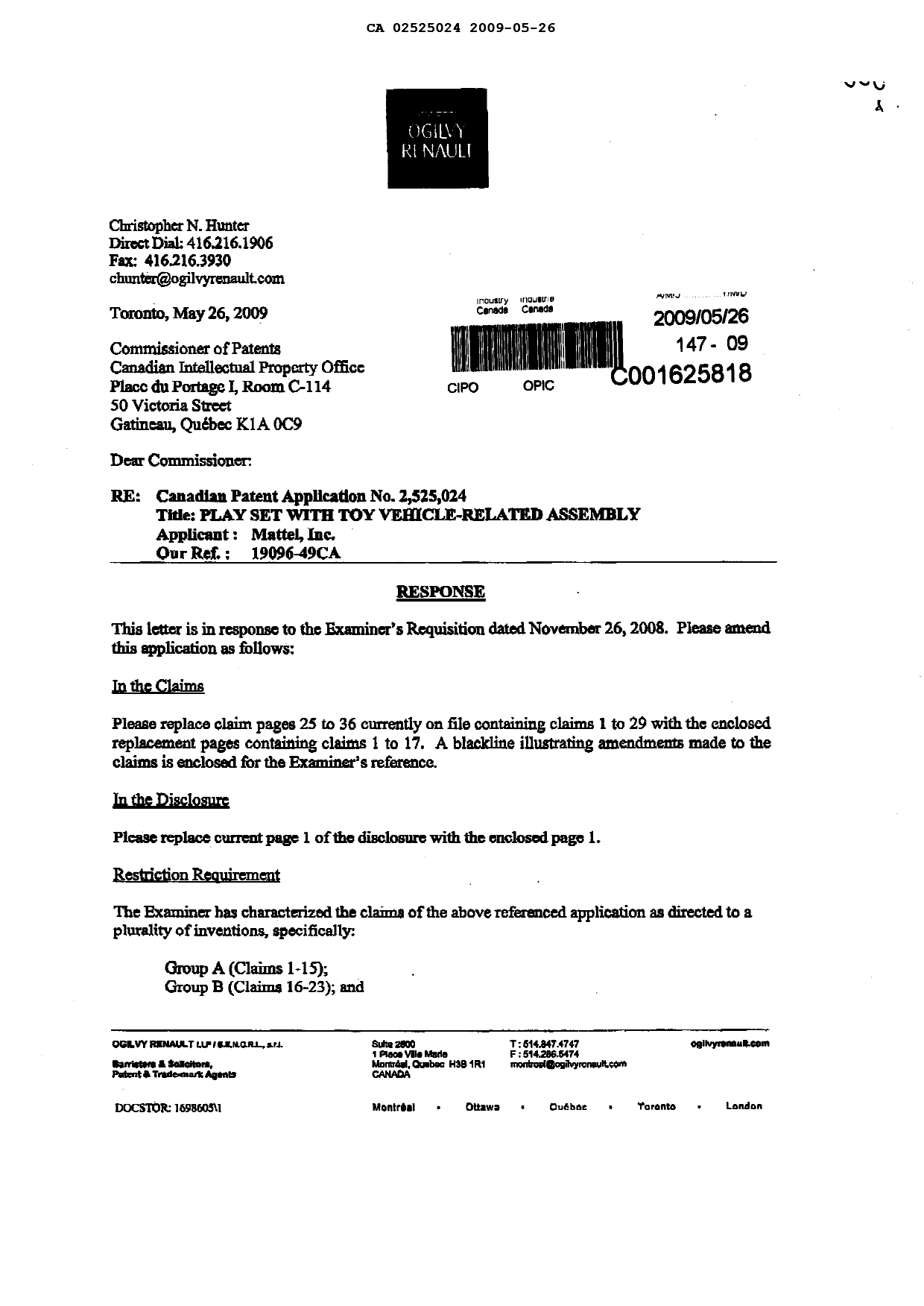 Document de brevet canadien 2525024. Poursuite-Amendment 20090526. Image 1 de 21