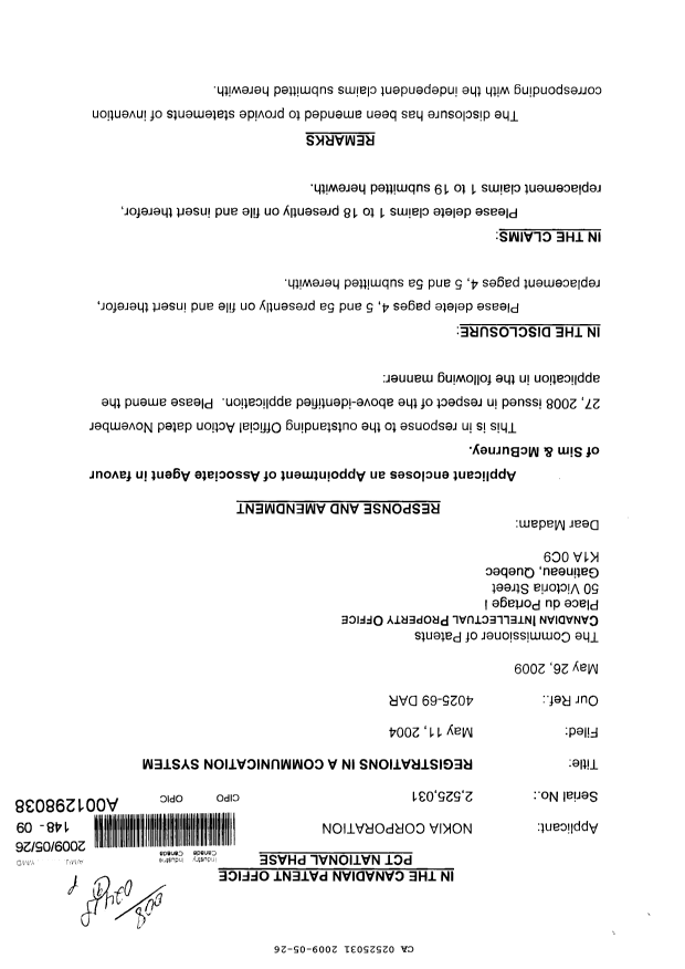 Document de brevet canadien 2525031. Poursuite-Amendment 20081226. Image 1 de 11