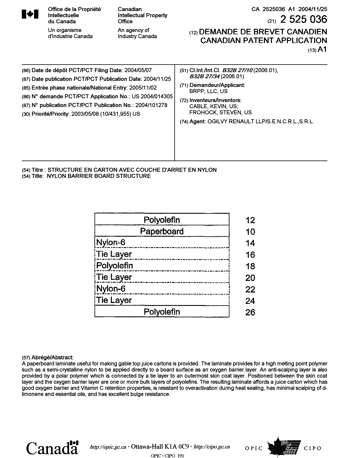 Document de brevet canadien 2525036. Page couverture 20060113. Image 1 de 1