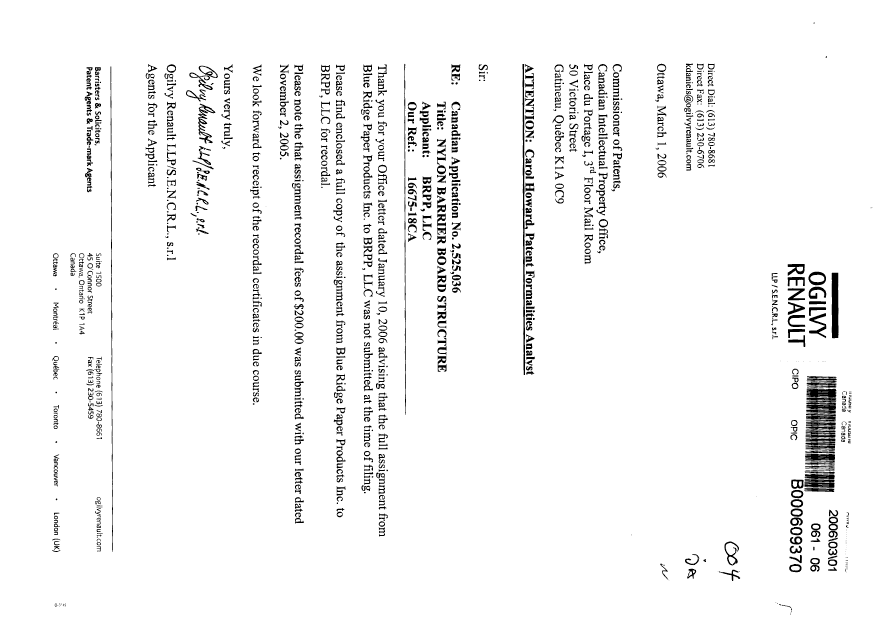 Document de brevet canadien 2525036. Cession 20060301. Image 1 de 6