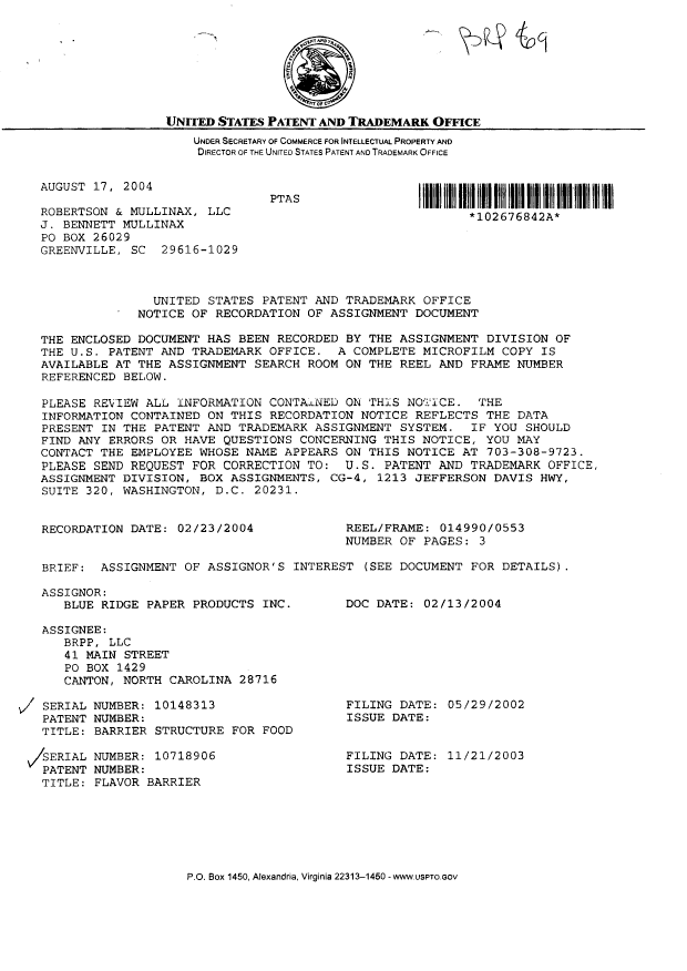 Document de brevet canadien 2525036. Cession 20060301. Image 2 de 6