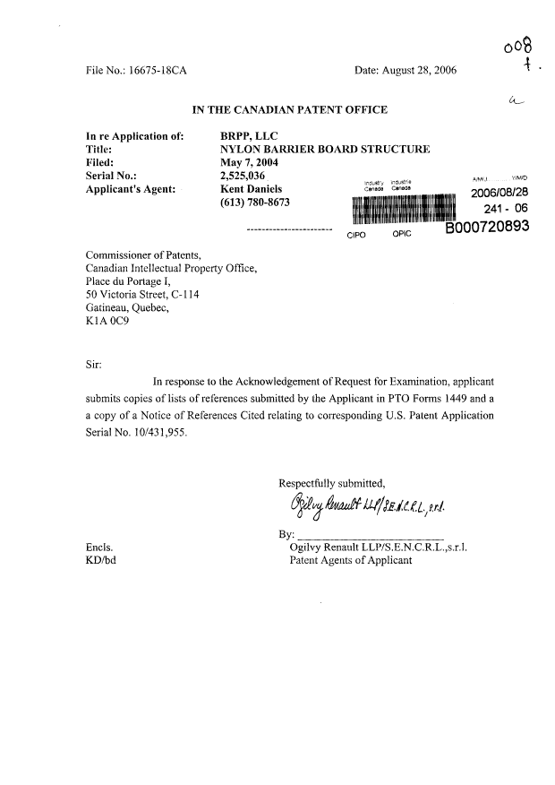 Canadian Patent Document 2525036. Prosecution-Amendment 20060828. Image 1 of 1