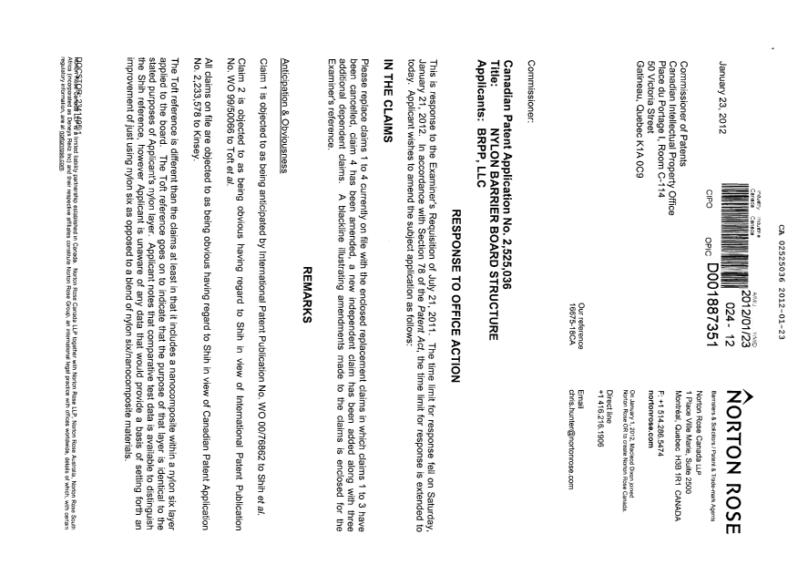 Document de brevet canadien 2525036. Poursuite-Amendment 20120123. Image 1 de 7