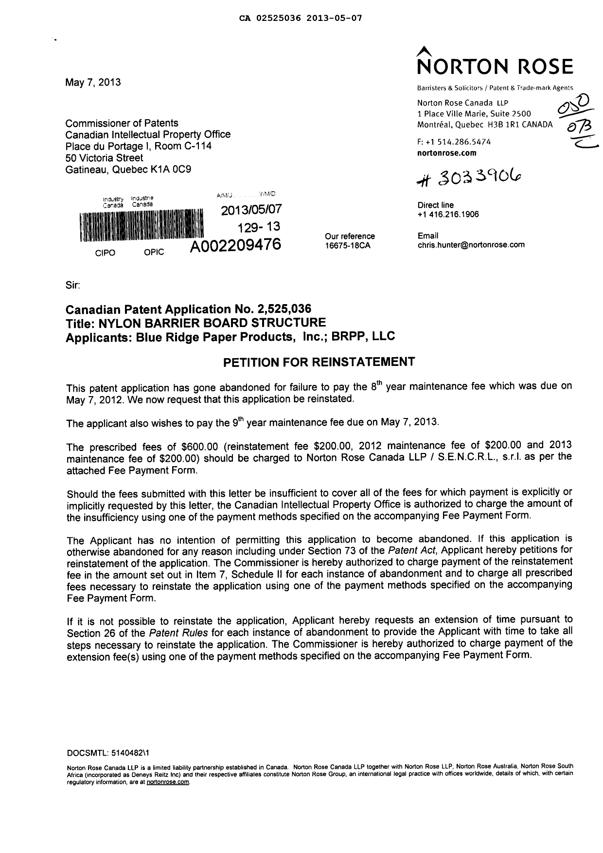 Document de brevet canadien 2525036. Taxes 20130507. Image 1 de 2