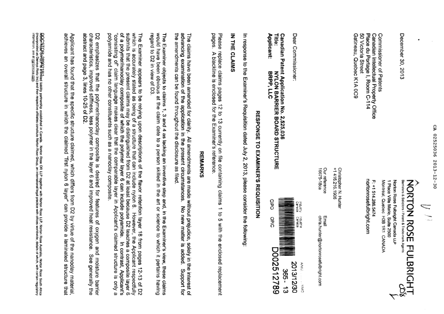 Document de brevet canadien 2525036. Poursuite-Amendment 20131230. Image 1 de 7