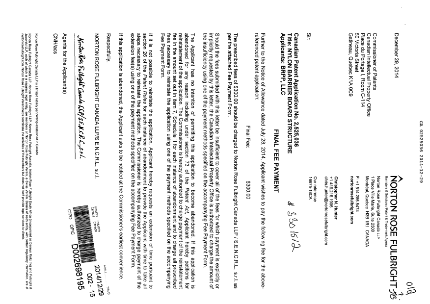 Document de brevet canadien 2525036. Correspondance 20141229. Image 1 de 1