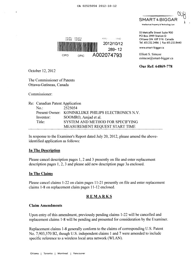 Canadian Patent Document 2525054. Prosecution-Amendment 20121012. Image 1 of 12
