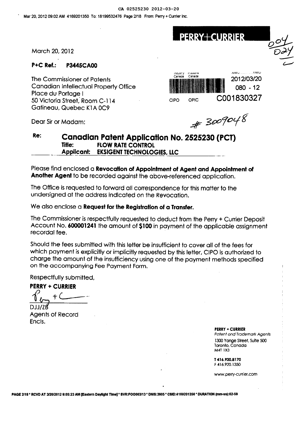 Document de brevet canadien 2525230. Cession 20120320. Image 1 de 16