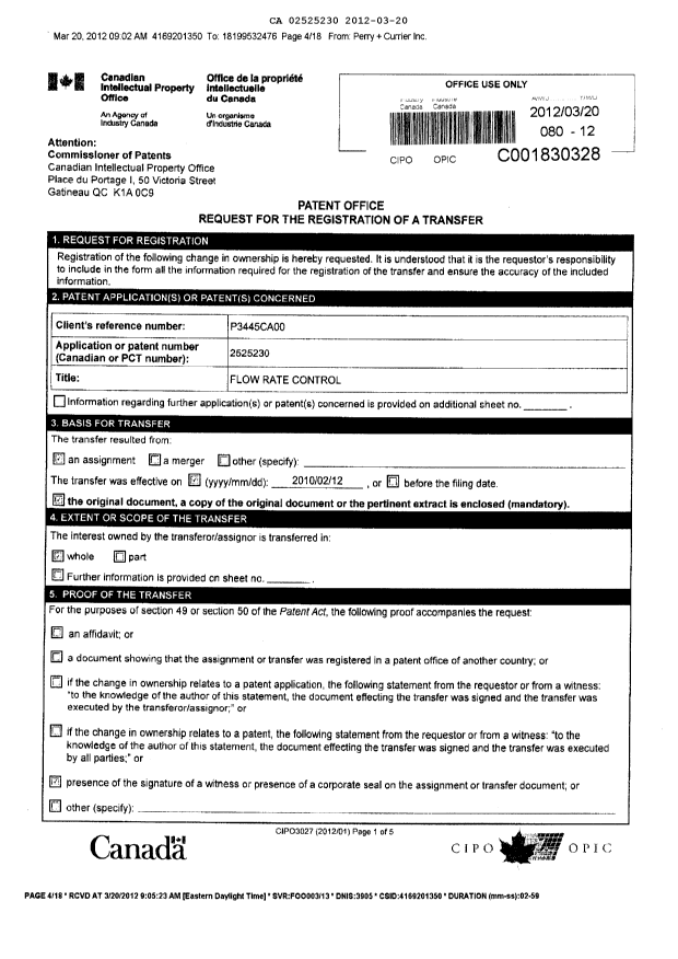 Document de brevet canadien 2525230. Cession 20120320. Image 2 de 16