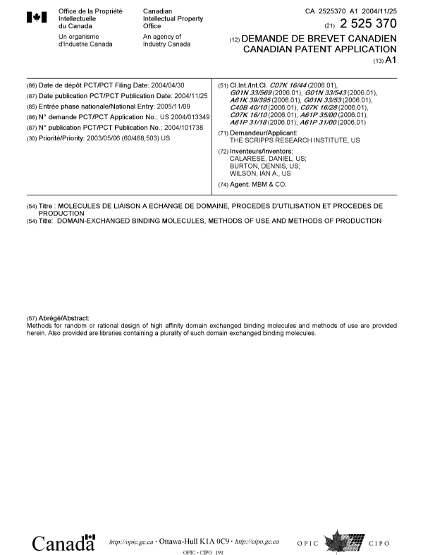Canadian Patent Document 2525370. Cover Page 20060203. Image 1 of 1