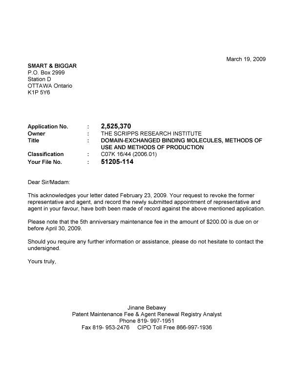 Canadian Patent Document 2525370. Correspondence 20090319. Image 1 of 1