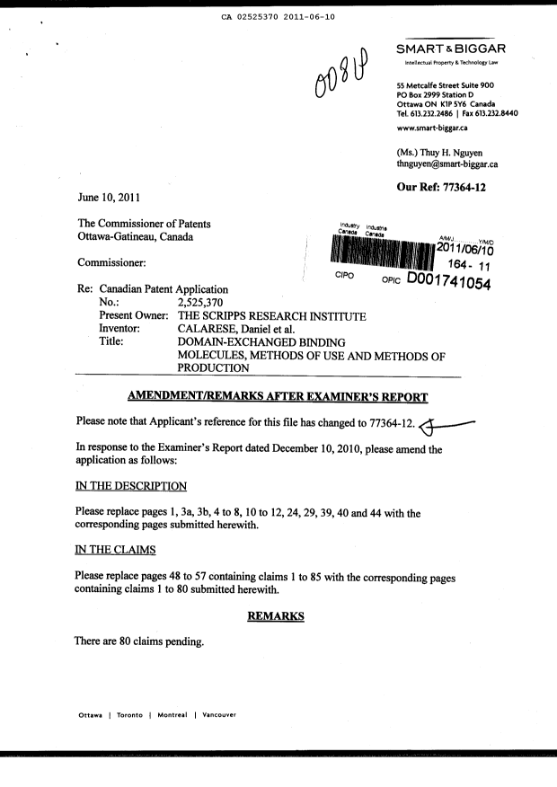 Canadian Patent Document 2525370. Prosecution-Amendment 20110610. Image 1 of 43