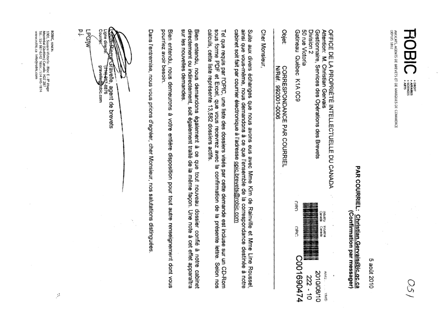 Canadian Patent Document 2525556. Correspondence 20100810. Image 1 of 1